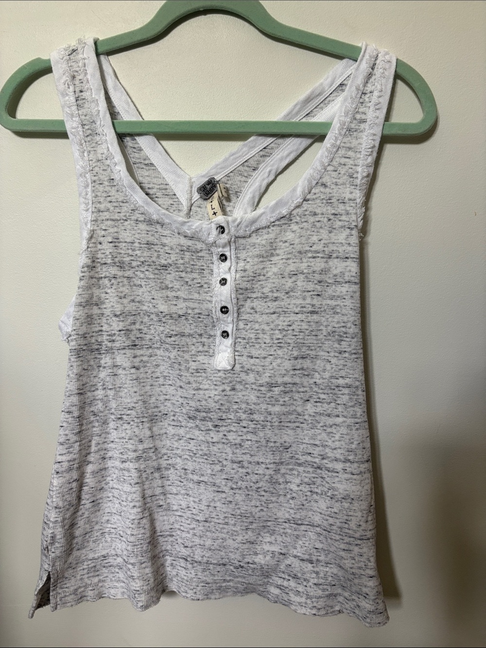 We The Free Heathered White and Gray Racerback Henley Tank